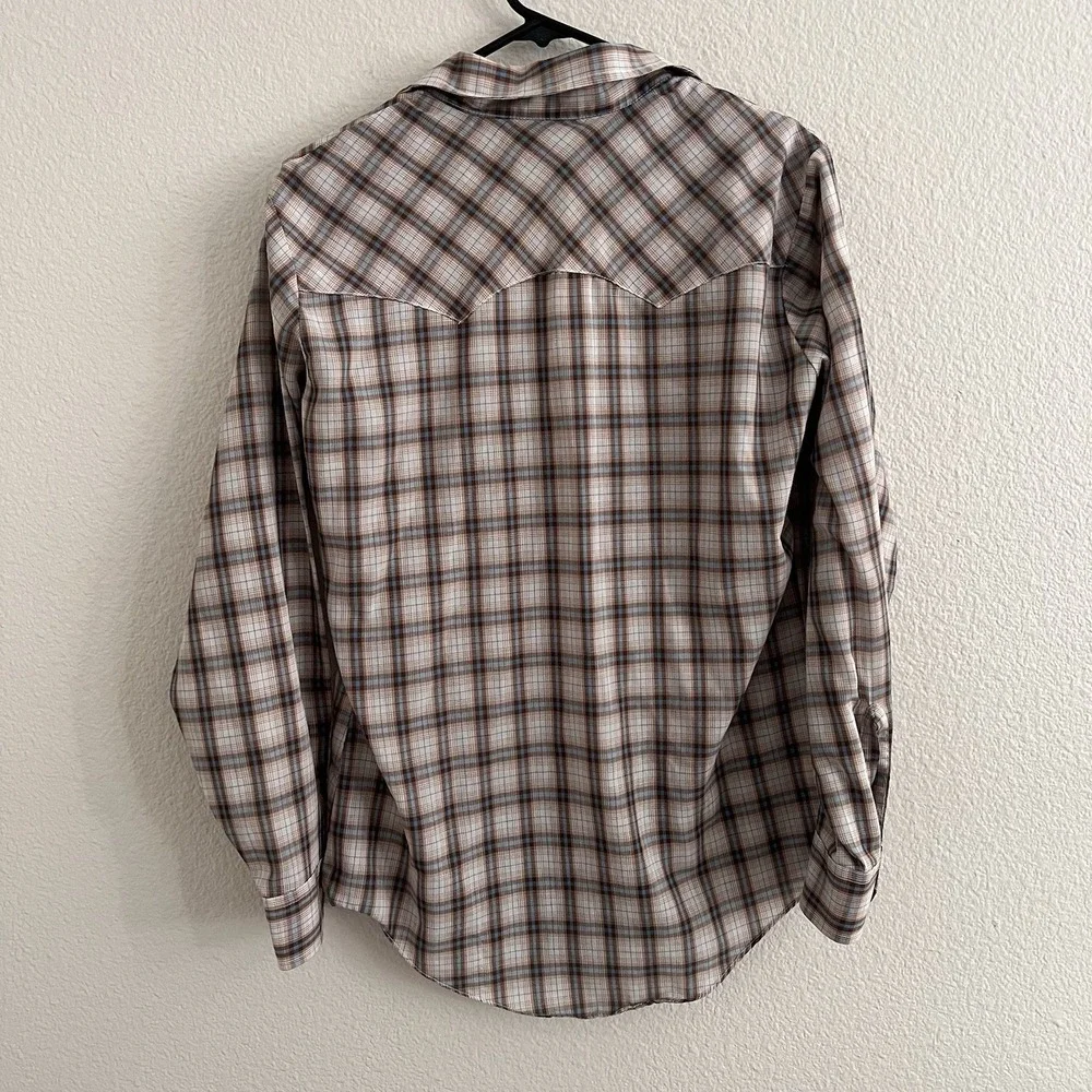 Vintage LEVIS Men's Medium Brown Tan Blue Plaid Pearl Snap Western Shirt Cowboy